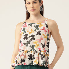 Cropped Sleeveless strap Peplum top with digital print on linen fabric.| Size- Small| Colour - White, Black, Grey, Yellow