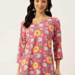 3/4 Sleeve Round Neck Vcut top Pink1 Colour