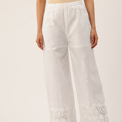 White Embroidered Palazzos–Fully Lined, Elastic Waist & Ankle-Length with Side Pocket