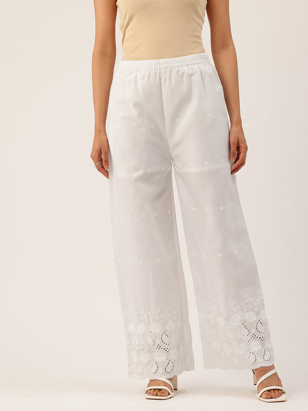 White Embroidered Palazzos–Fully Lined, Elastic Waist & Ankle-Length with Side Pocket