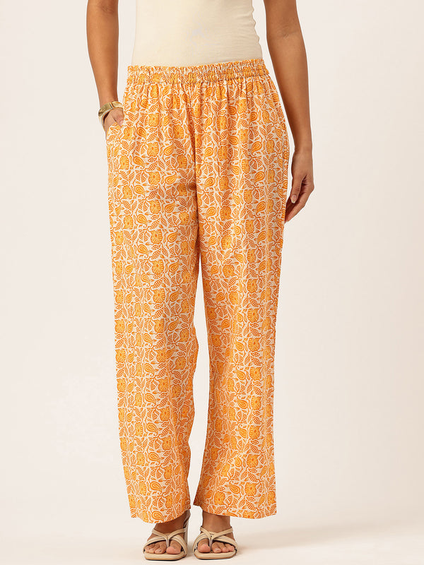 Yellow Women Pure Cotton Paisley Printed Palazzo Pants | Elastic Waist | Wide Leg