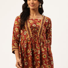 Princess Cut Top for Women - 3/4 Sleeves with Front Drawstrings