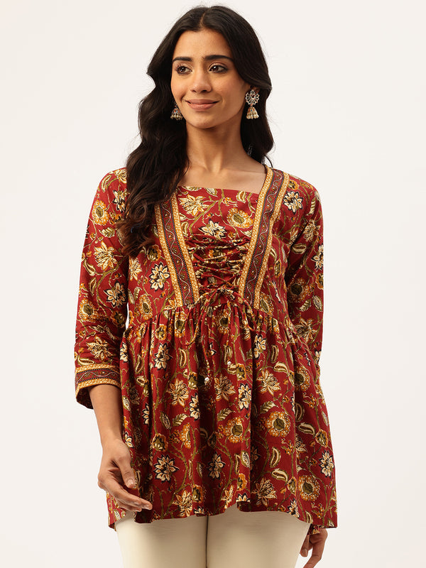 Princess Cut Top for Women - 3/4 Sleeves with Front Drawstrings