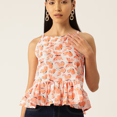 Cropped Sleeveless strap Peplum top with digital print on linen fabric.| Size- Small| Colour - White, Peach