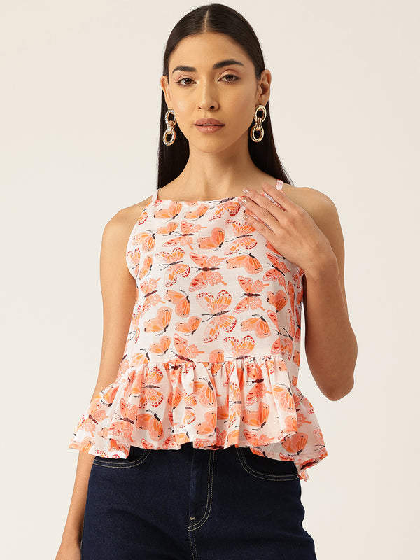 Cropped Sleeveless strap Peplum top with digital print on linen fabric.| Size- Small| Colour - White, Peach