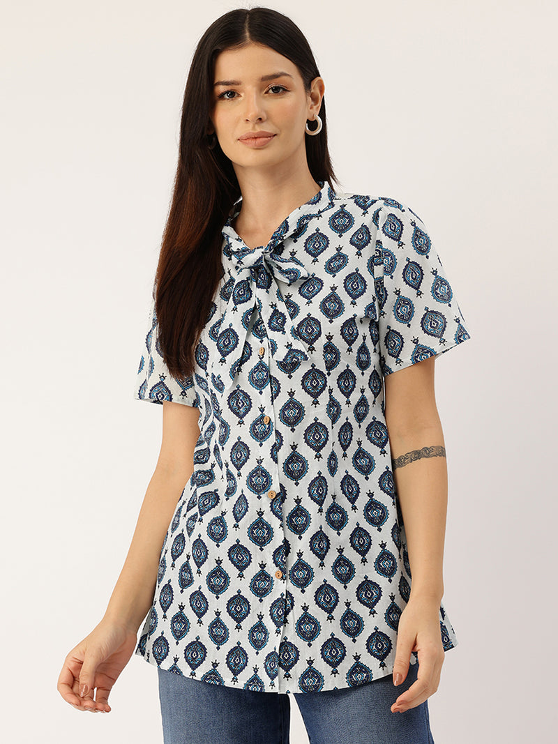 Elegant Bow Collar Cotton Shirt for Women - Stylish & Comfortable