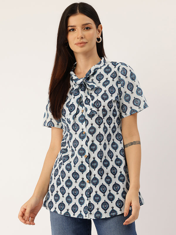 Elegant Bow Collar Cotton Shirt for Women - Stylish & Comfortable