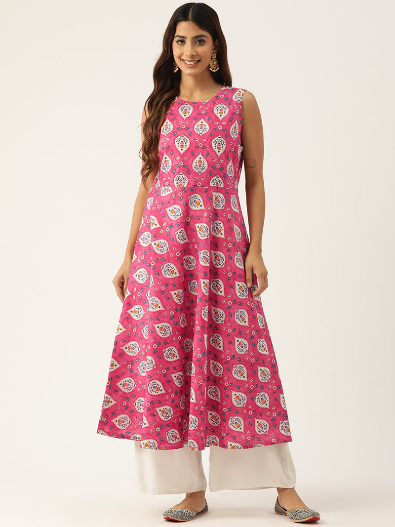 Cotton Printed Sleeveless A-Line Flared Kurti