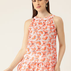 Cropped Sleeveless Elasticated Neck Bottom Flared Top with digital print on linen fabric.  | Size- Small |  Colour - White, Peach