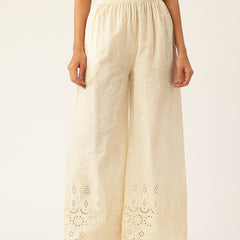 Beige Palazzos | Embroidered Elegnace With Elastic Waist & Single Pocket
