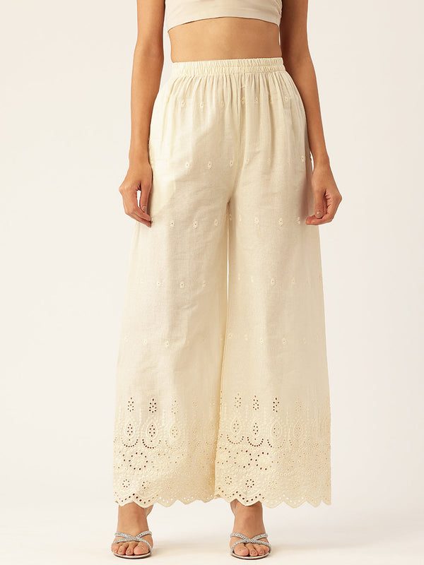 Beige Palazzos | Embroidered Elegnace With Elastic Waist & Single Pocket