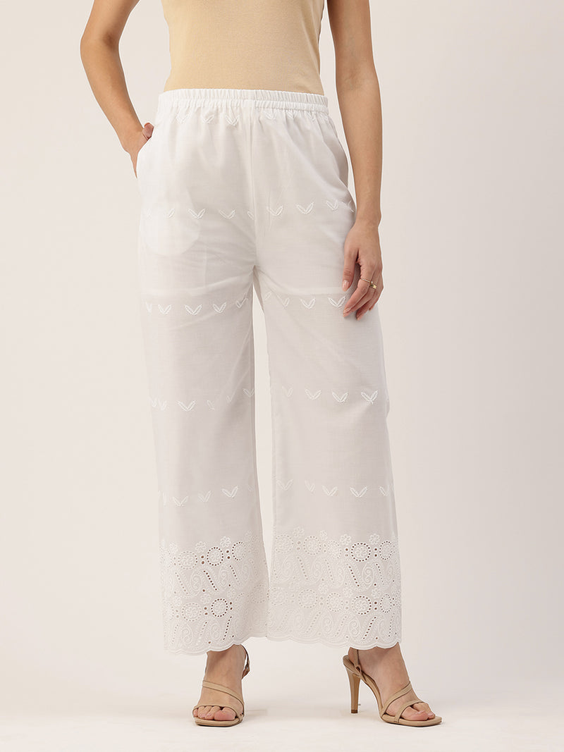 White Embroidered Palazzos–Fully Lined, Elastic Waist & Ankle-Length with Side Pocket