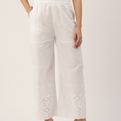 White Embroidered Palazzos–Fully Lined, Elastic Waist & Ankle-Length with Side Pocket
