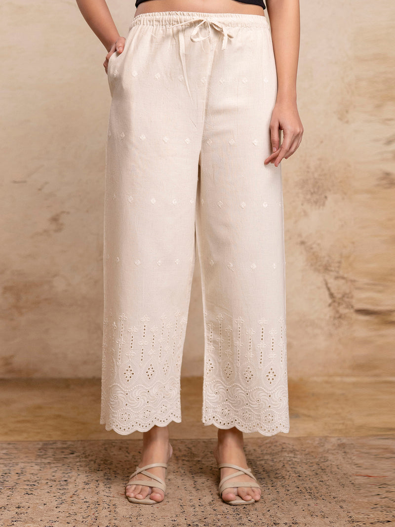 Women’s Cotton Embroidered Wide-Leg Palazzos | Soft, Breathable & Elegant