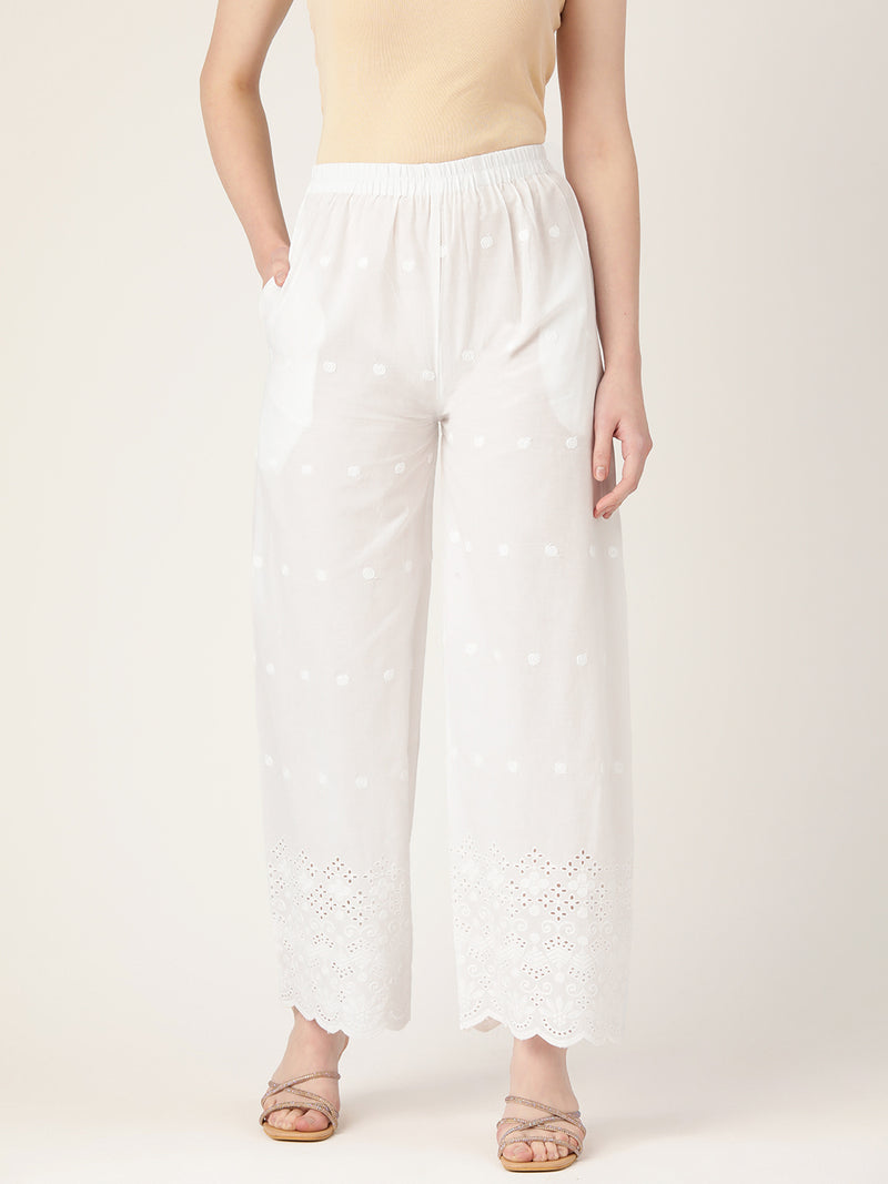 White White Embroidered Cotton Palazzos–Elastic Waist & Ankle-Length with Side Pocket