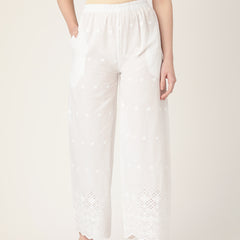 White White Embroidered Cotton Palazzos–Elastic Waist & Ankle-Length with Side Pocket