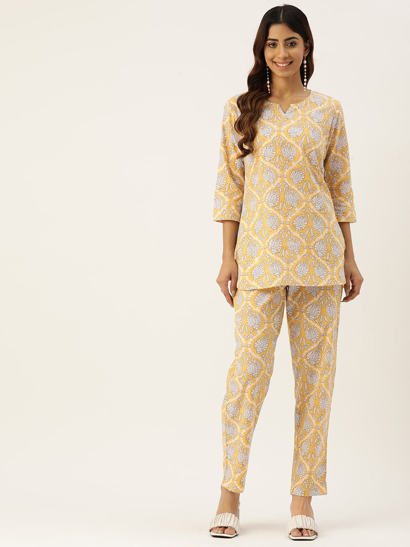 Yellow Printed Cotton Night Suit with V-Neck Kurti & Ankle-Length Pants