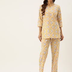 Yellow Printed Cotton Night Suit with V-Neck Kurti & Ankle-Length Pants