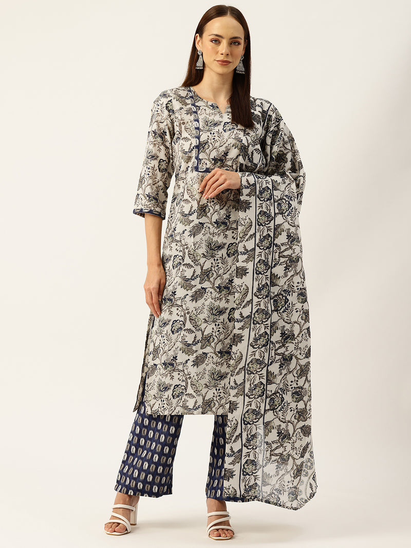 Round V-Cut Neck 3-Piece Kurta Set with Ankle-Length Pants & Full-Length Dupatta (Size S-XXL).