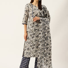 Round V-Cut Neck 3-Piece Kurta Set with Ankle-Length Pants & Full-Length Dupatta (Size S-XXL).