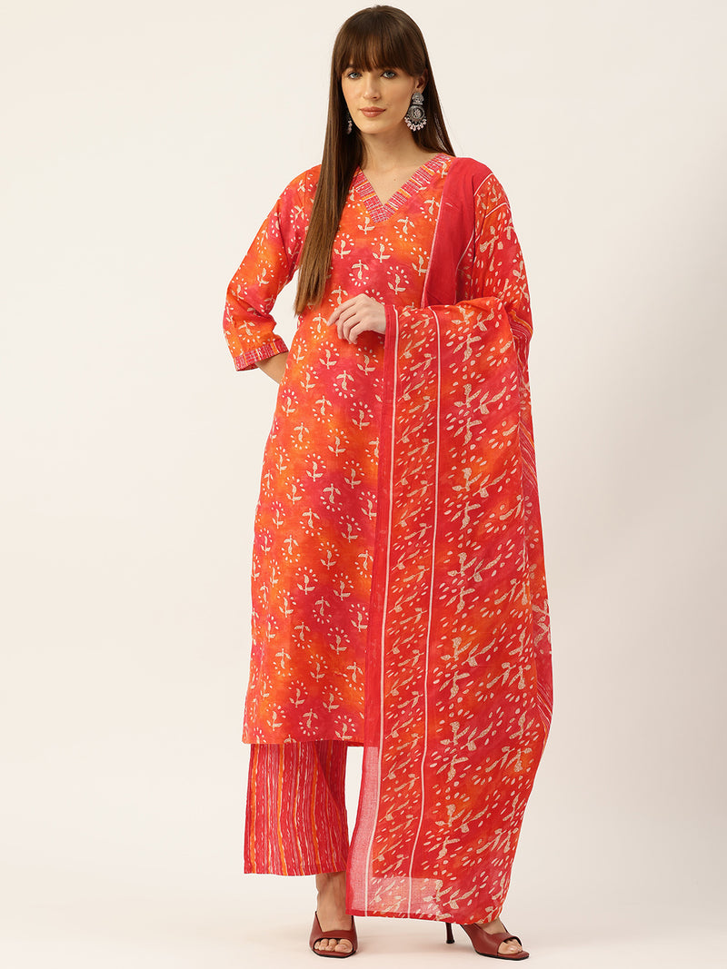 Bordered V-Neck 3-Piece Kurta Set with Ankle-Length Pants & Full-Length Dupatta (Size S-XXL).