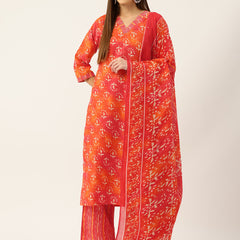 Bordered V-Neck 3-Piece Kurta Set with Ankle-Length Pants & Full-Length Dupatta (Size S-XXL).