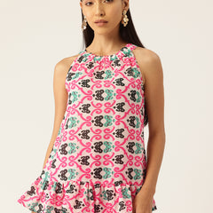 Cropped Sleeveless Elasticated Neck Bottom Flared Top with digital print on linen fabric.  | Size- Small  |  Colour - White, Pink, Green