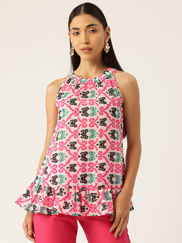 Cropped Sleeveless Elasticated Neck Bottom Flared Top with digital print on linen fabric.  | Size- Small  |  Colour - White, Pink, Green