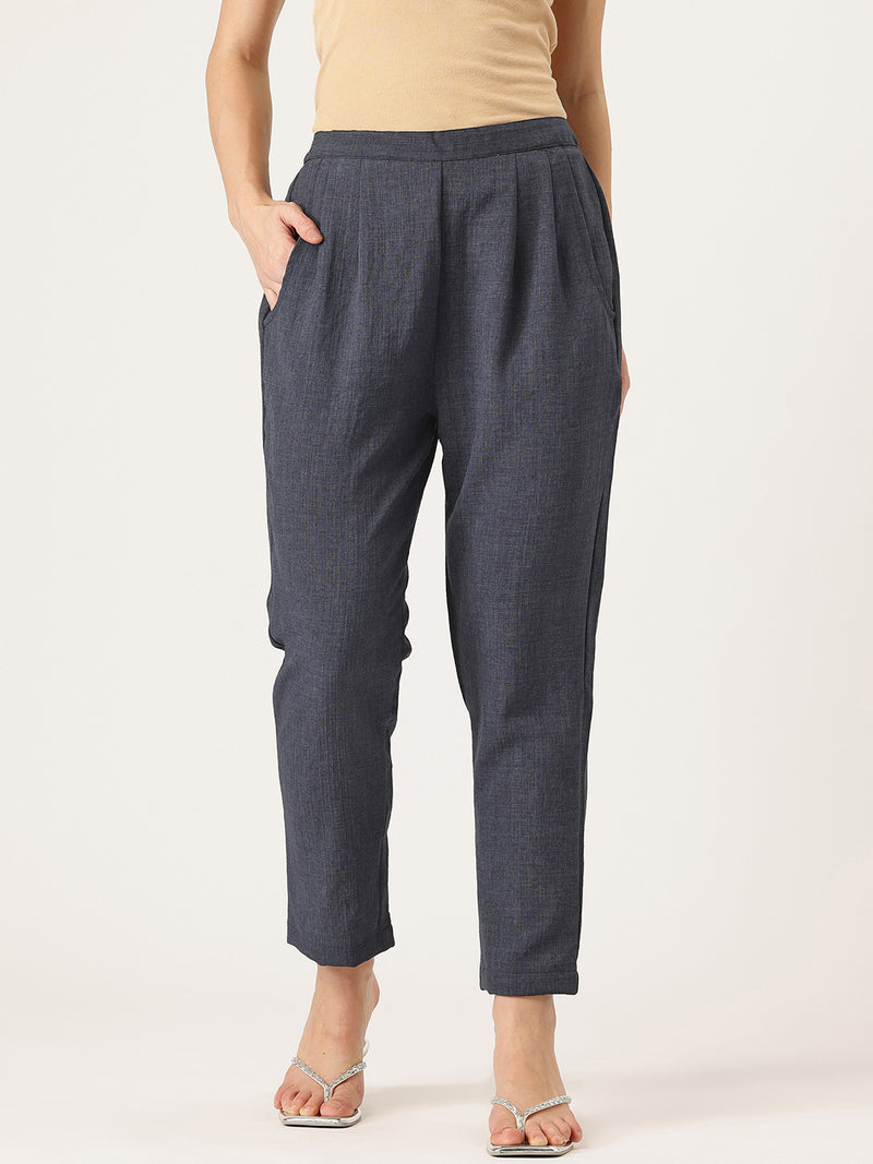 Blue Linen Trouser - Ankle-Length Pant , Partially Elasticated ,Double Pockets