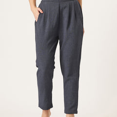 Blue Linen Trouser - Ankle-Length Pant , Partially Elasticated ,Double Pockets
