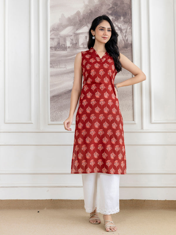 Elegant Sleeveless Cotton Printed Straight Kurta with Refined V-Neckline