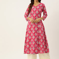 Floral Print 4 Button Angrakha Long Kurti