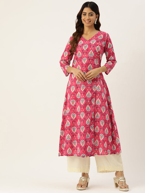 Floral Print 4 Button Angrakha Long Kurti