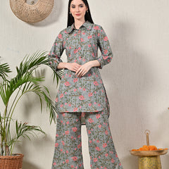 Grey Elegant Collared Co-Ord Set with Frill Detail & Elasticated Pants
