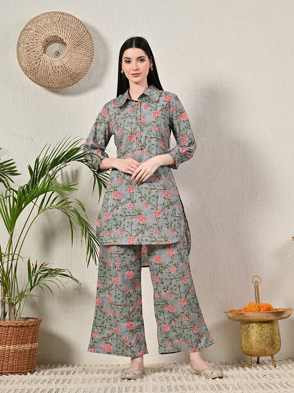 Grey Elegant Collared Co-Ord Set with Frill Detail & Elasticated Pants