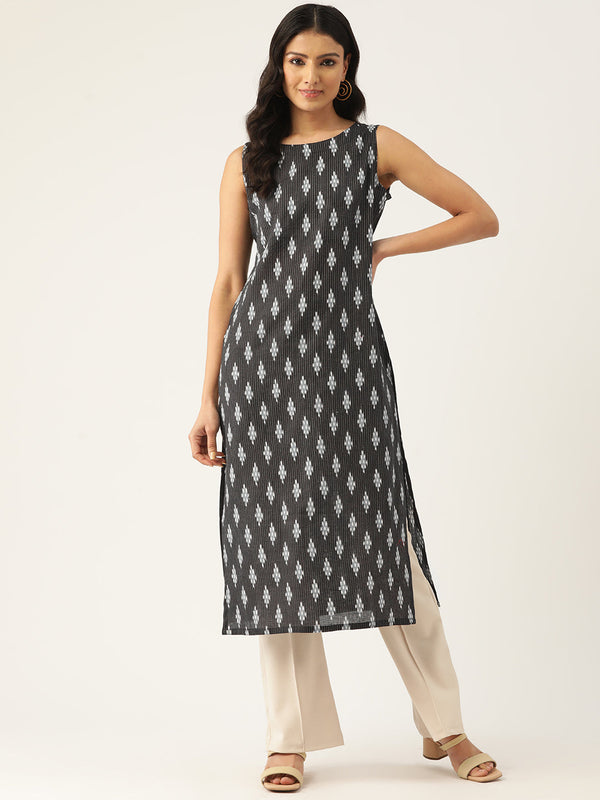 Cotton Boat Neck Sleeveless Straight Kurti