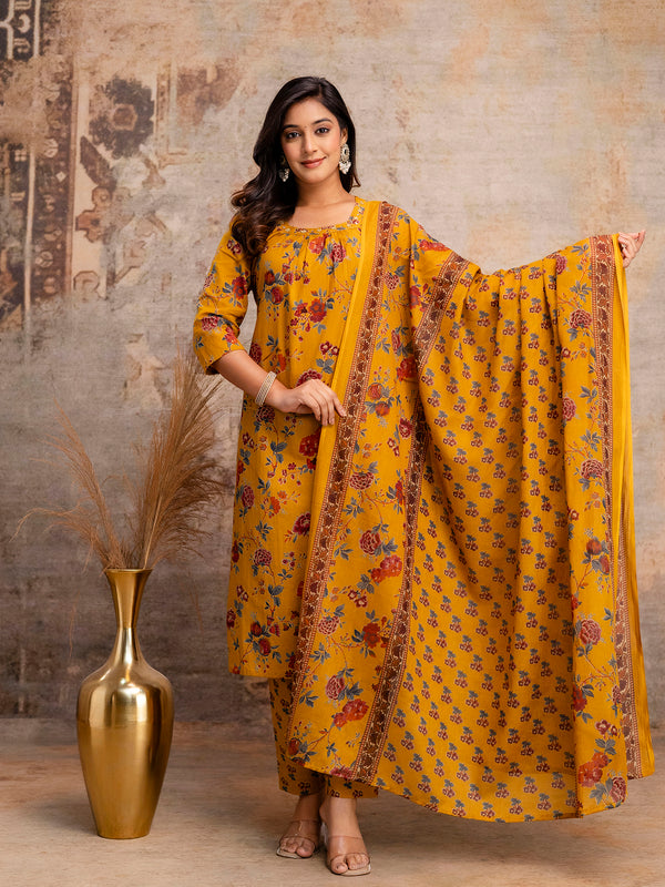 Pure Cotton Mustard Printed 3-Piece Kurta Set with Square Neckline & Dupatta