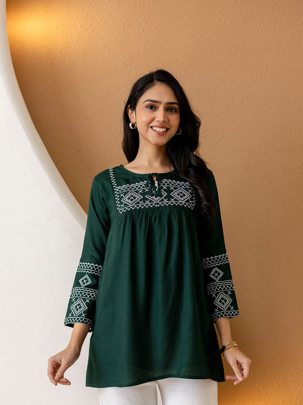 Solid Hip Length Embrioded 3/4 Sleeves Kurti