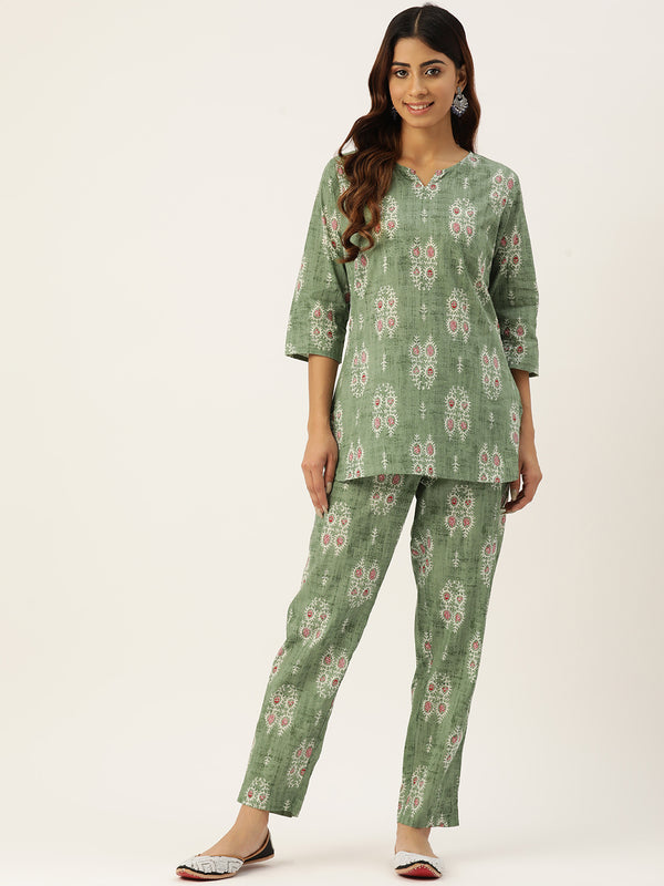 Green Printed Cotton Night Suit with V-Neck Kurti & Ankle-Length Pants