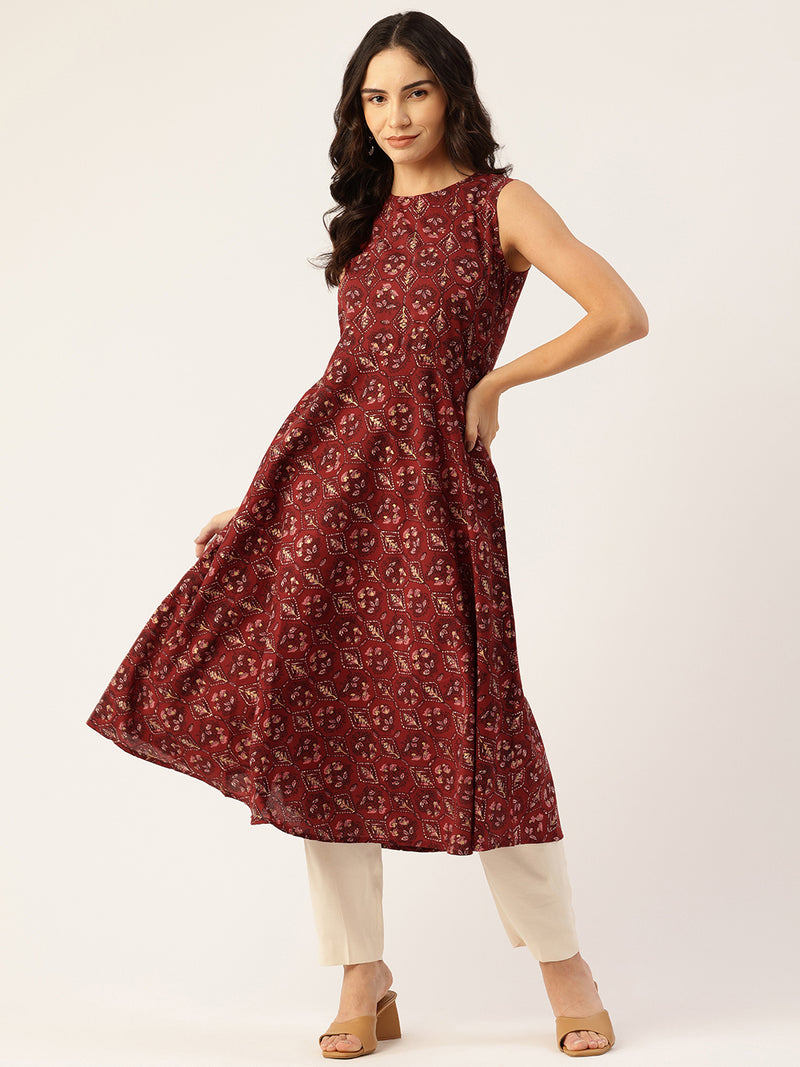 Elegant Floral Sleeveless A-Line Kurti with Back Zip Closure