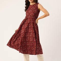 Elegant Floral Sleeveless A-Line Kurti with Back Zip Closure