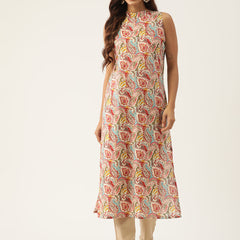 Cotton Printed Sleeveless Straight Long Kurti