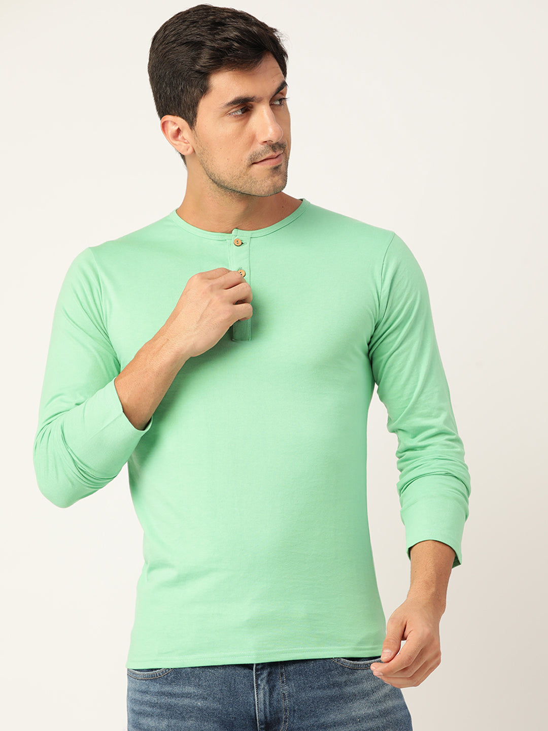 Plain Lime Green Henley Full Sleeves T-Shirt