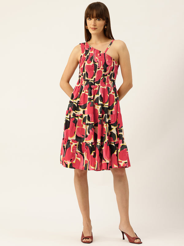 Women’s Rayon One-Shoulder Dress with Smocked Bodice & Flared Skirt – Bright Summer Colors