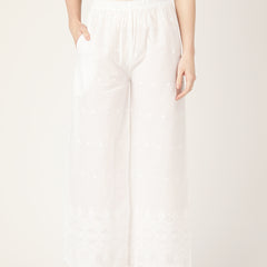 White White Embroidered Cotton Palazzos–Elastic Waist & Ankle-Length with Side Pocket