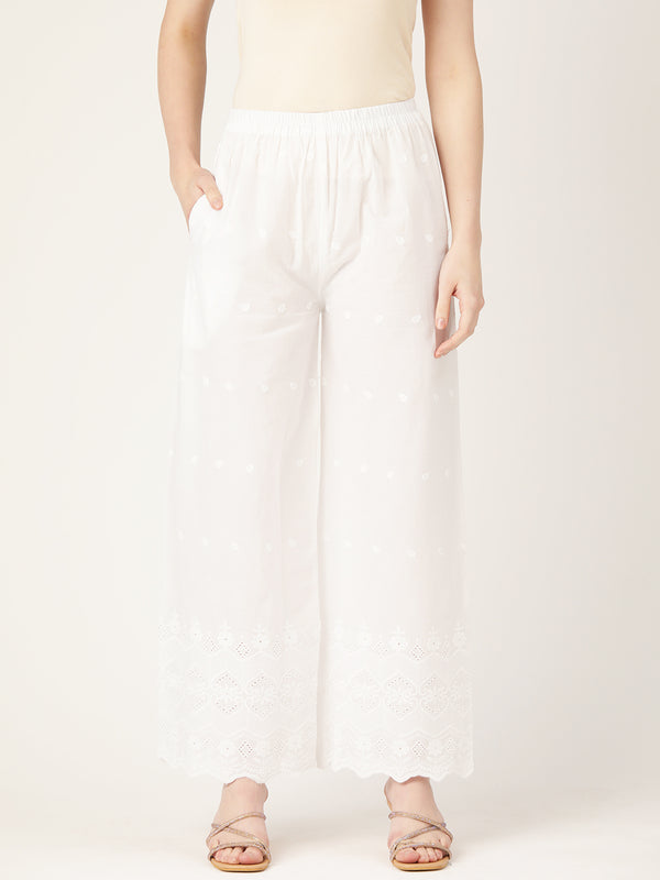 White White Embroidered Cotton Palazzos–Elastic Waist & Ankle-Length with Side Pocket