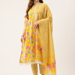 A-line Dupatta Sets - V-Neck, 3/4 Sleeves, Lace Work, Elastic Waistband Pants with Pockets & Full-Length Dupatta (M-XXL)