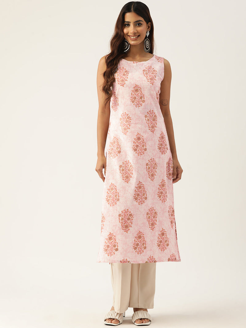 Feranoid Cotton Boat Neck Sleeveless Straight Kurti