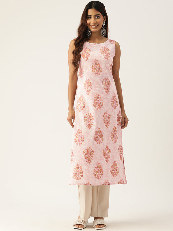 Feranoid Cotton Boat Neck Sleeveless Straight Kurti