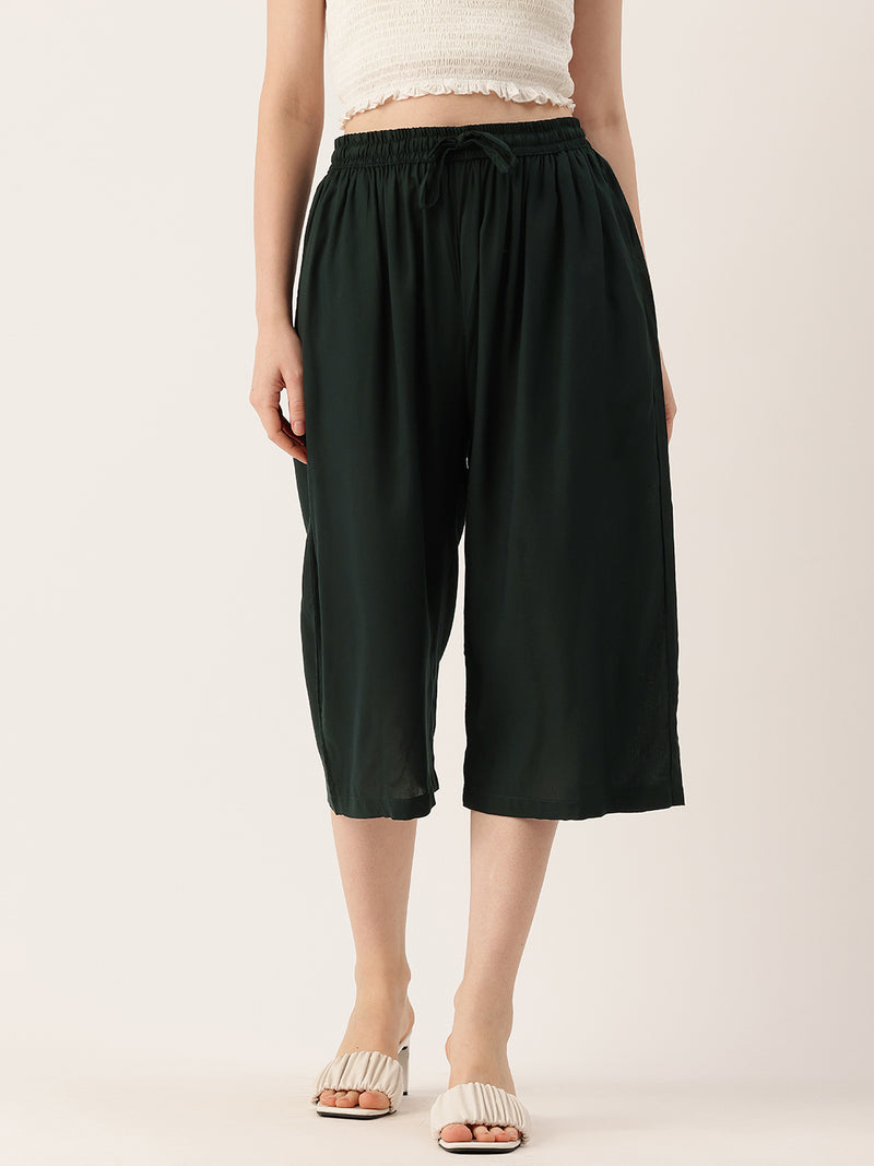 Women's Culottes | Calf-Length Pants with Double Pockets & Elastic Waistband